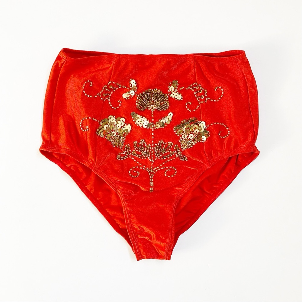 HER PONY RED GOLD SEQUIN BEADED FLORAL PRINT HIGH RISE BLOOMERS UNDERWEAR - Picture 2 of 8